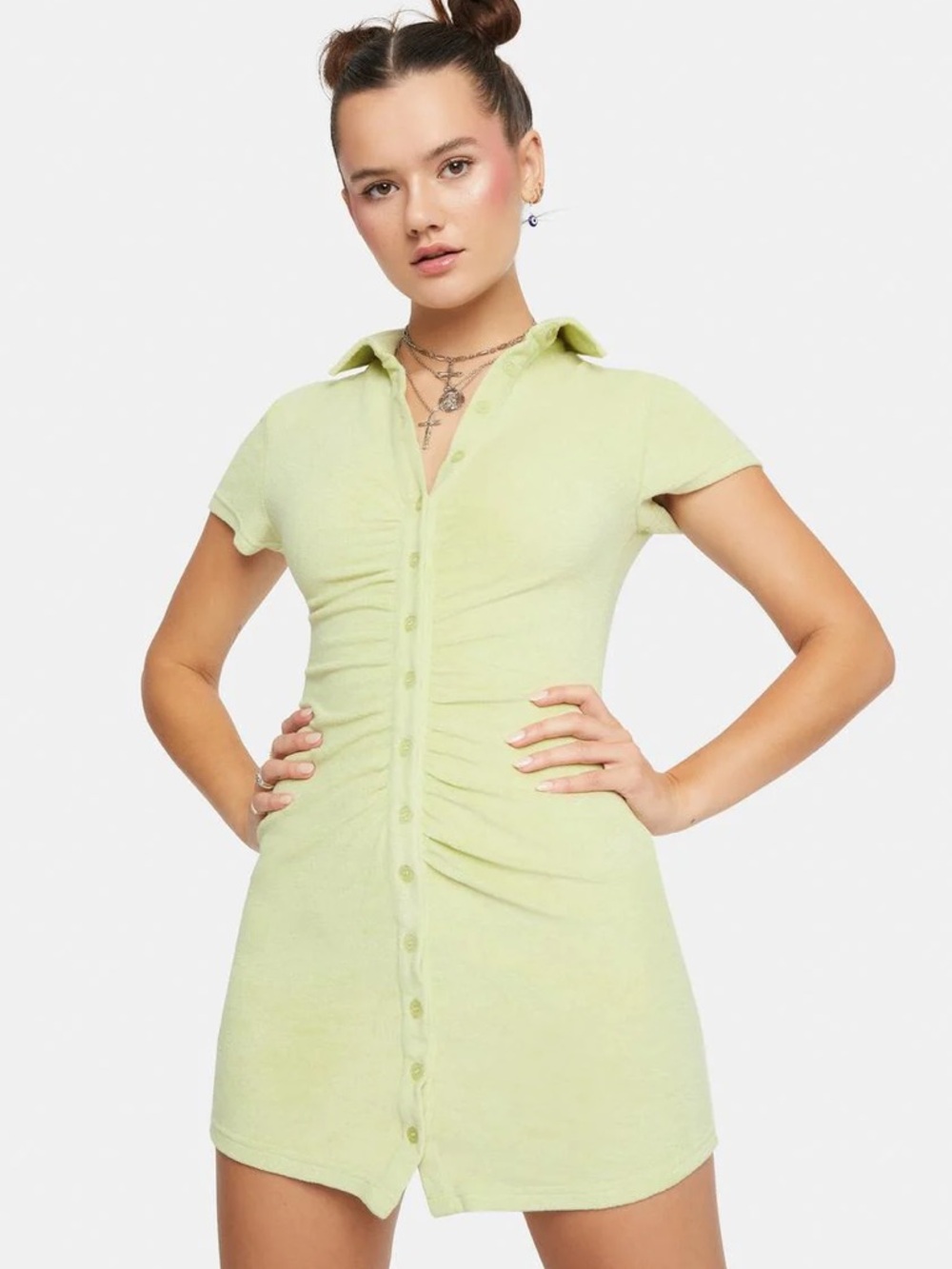 Light Green Terry Button-Up Shirt with Collar